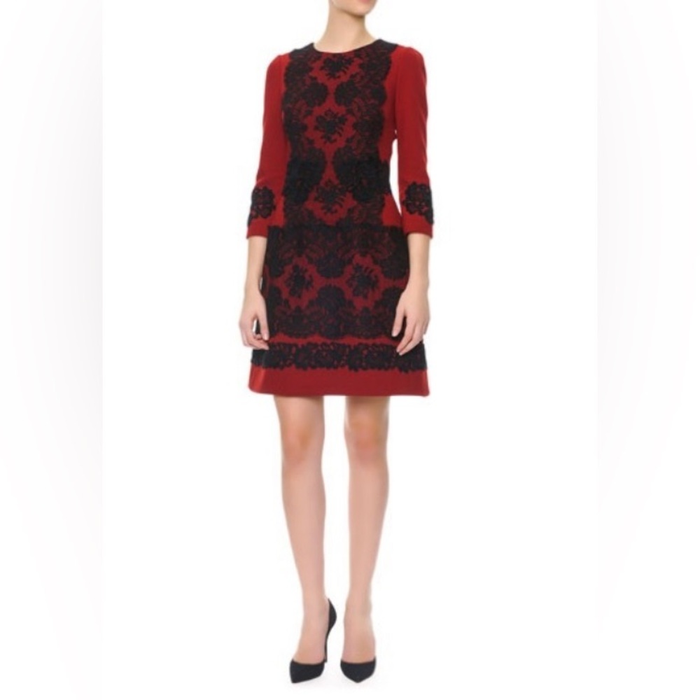 Dolce & Gabbana Size 8 (IT 42) Red and Black Lace Appliqué Shift Dress
